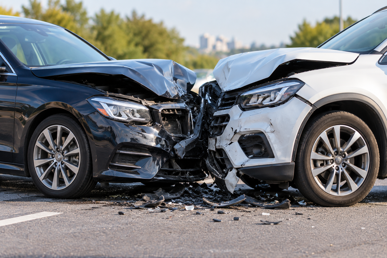 Head-on vehicle collision on roadway