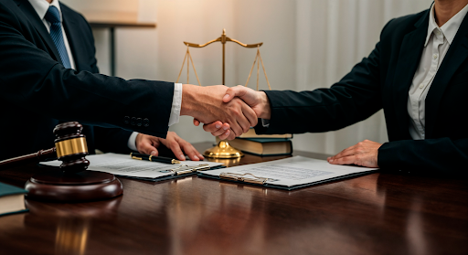 Personal injury attorney and healthcare specialist reviewing client accident documentation and medical reports